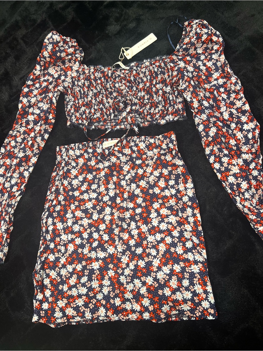 Floral Smocked Two-Piece Crop Top & Skirt Set - Navy, White & Red